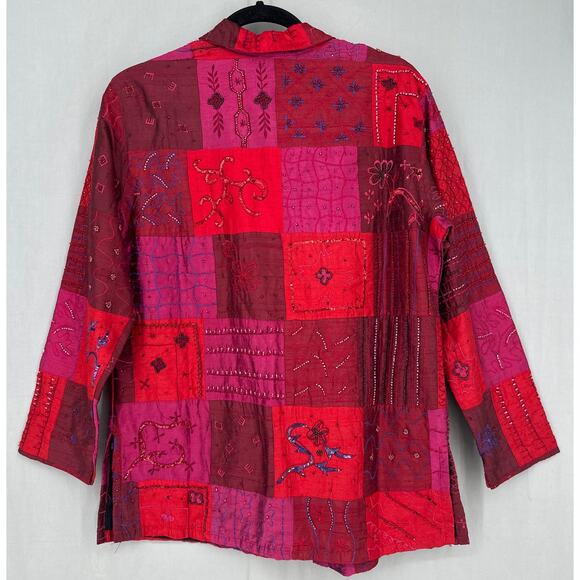 90s Vintage Jacket Womens Medium Pink Satin Patchwork Silk Beaded Boho Cottage - Picture 3 of 9